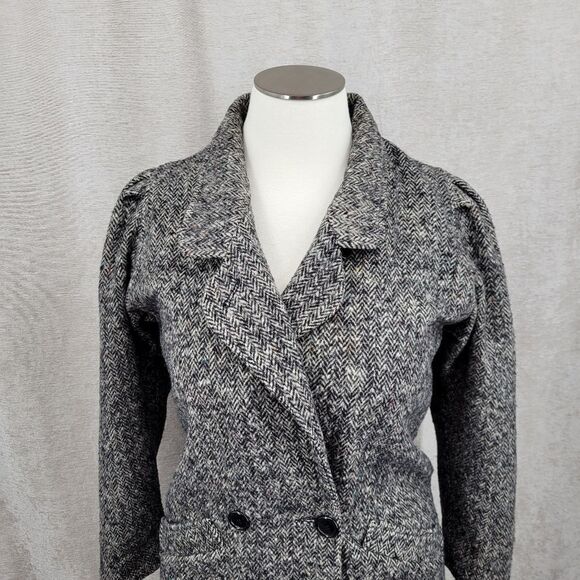 Vintage Wool Women's Gray Herringbone Longline Double Breasted Coat - Picture 6 of 13